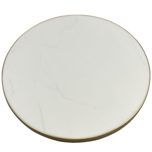 Staron “Morning Sky” Solid Surface with Brushed Brass Metal Edge and Countersunk Brass Screws