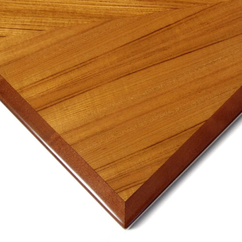 Quartered Figured Teak Veneer in Reverse Diamond Box Pattern with Stained Maple Wood Edge