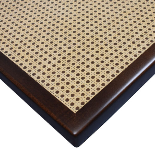 This Custom Table Top is a Maple Veneer Inlay Stained #346 with Cane Webbing Overlay and Maple Wood Edge Stained #346.