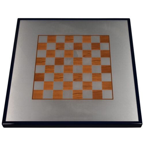 Digitally Printed Cherry Chess Board on Wilsonart Satin Brushed Aluminum Inlay with Rustoleum “Navy Blue” Painted Edge