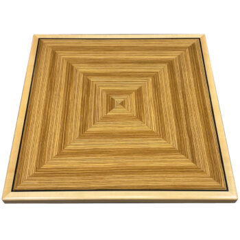 Brookline “Qtr. Zebrawood Veneer” in Box Pattern with ¼” Black Printed Accent Stripe and Natural Maple Wood Edge