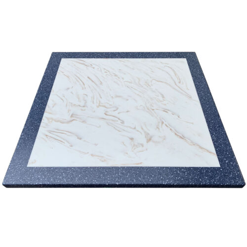 2-Tone Solid Surface Tabletop, Inlay: Meganite “MT Cremo Carrara M009”, Edge: Staron “Pebble Blue PB870”