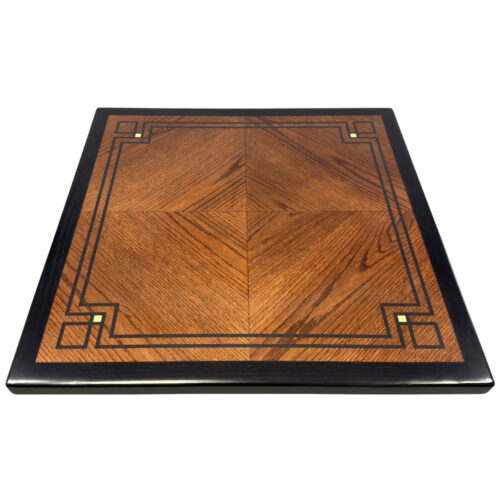 P/S Red Oak Veneer Custom Stained Tabletop in Diamond Box Pattern with Printed Black and Gold Accents and Black Stained Wood Edge with Eased Edges & Corners