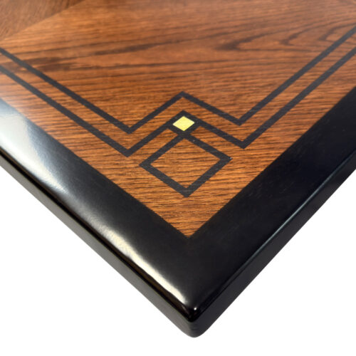 P/S Red Oak Veneer Custom Stained Tabletop in Diamond Box Pattern with Printed Black and Gold Accents and Black Stained Wood Edge with Eased Edges & Corners